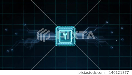 Glowing central teal chip with key icon emitting neon lines across grid, connecting circular nodes Glowing central teal chip with key icon emitting neon lines across grid, connecting circular nodes 140121877