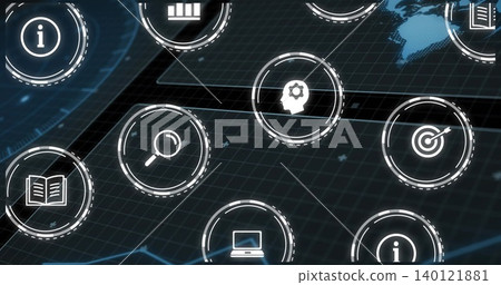 Floating translucent HUD icons hovering over dark 3D grid, showing magnifying glass, globe Floating translucent HUD icons hovering over dark 3D grid, showing magnifying glass, globe 140121881