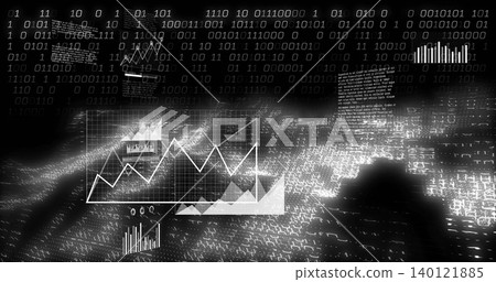 Displaying central translucent data panel in cyberspace, showing white line chart binary streams 140121885