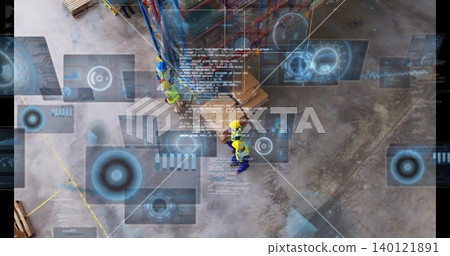 Inspecting team scanning boxes on pallets in warehouse with AR, in yellow vests and hard hats 140121891