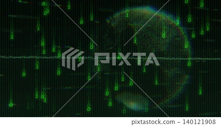 Floating particle globe rotating in virtual cyber display, with green binary streams and scanline Floating particle globe rotating in virtual cyber display, with green binary streams and scanline 140121908