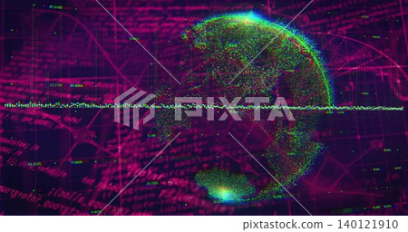 Spinning neon point-cloud globe showing data on virtual dashboard, with waveform and grid overlays Spinning neon point-cloud globe showing data on virtual dashboard, with waveform and grid overlays 140121910
