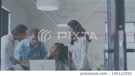 Working four coworkers in business attire, leaning at laptop in office with glass door, red marks Working four coworkers in business attire, leaning at laptop in office with glass door, red marks 140122092