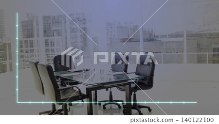 Displaying glass conference table and black leather chairs in modern office, cyan graph overlay Displaying glass conference table and black leather chairs in modern office, cyan graph overlay 140122100