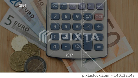 Displaying portable grey calculator resting on wooden desk, fanned Euro notes, coins, timeline Displaying portable grey calculator resting on wooden desk, fanned Euro notes, coins, timeline 140122142