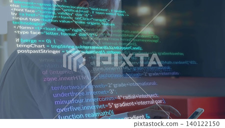 Holding mature man in white shirt checking phone in office, code overlay projecting, copy space Holding mature man in white shirt checking phone in office, code overlay projecting, copy space 140122150