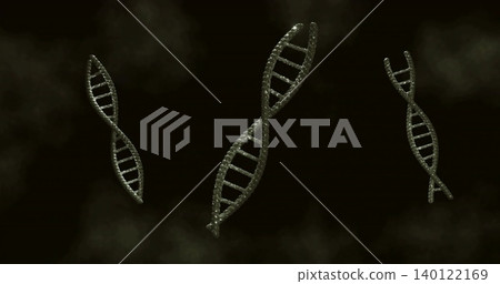 Floating central double-helix with two smaller helices, showing bead segments in dark smoky space Floating central double-helix with two smaller helices, showing bead segments in dark smoky space 140122169
