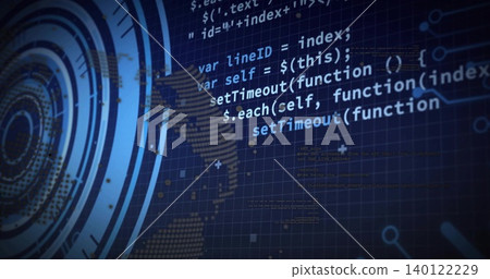 Displaying JavaScript code scrolling across dashboard, showing grid, HUD rings, world map Displaying JavaScript code scrolling across dashboard, showing grid, HUD rings, world map 140122229