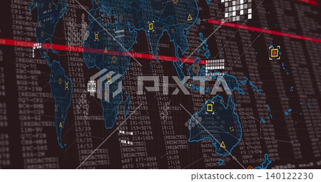 Displaying digital world map overlay on large monitor, showing red scan lines, [REDACTED] columns 140122230