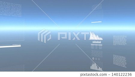 Displaying holographic UI panels floating in virtual horizon, showing wireframe grids and charts Displaying holographic UI panels floating in virtual horizon, showing wireframe grids and charts 140122236