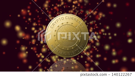 Glinting gold NFT coin reflecting on glossy surface over burgundy backdrop, showing embossed rim Glinting gold NFT coin reflecting on glossy surface over burgundy backdrop, showing embossed rim 140122267