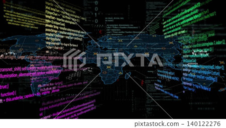 Rendering stylized world map with grid overlay in virtual dashboard, showing neon code columns Rendering stylized world map with grid overlay in virtual dashboard, showing neon code columns 140122276