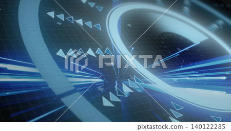 Dominating glowing white-blue ring pulsing on virtual grid, with radial streaks and chevrons Dominating glowing white-blue ring pulsing on virtual grid, with radial streaks and chevrons 140122285