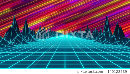 Extending glowing cyan grid plane moving toward vanishing point, neon peaks, streaked magenta sky 140122289