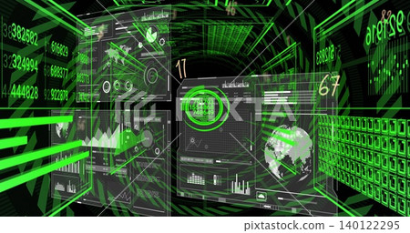 Floating central holographic dashboards glowing in virtual corridor, showing circular gauge Floating central holographic dashboards glowing in virtual corridor, showing circular gauge 140122295