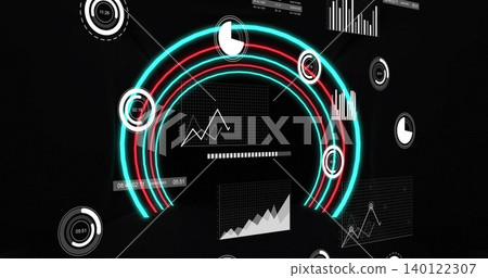 Projecting central dashboard floating in HUD, with concentric teal and red arcs, gauges, charts Projecting central dashboard floating in HUD, with concentric teal and red arcs, gauges, charts 140122307