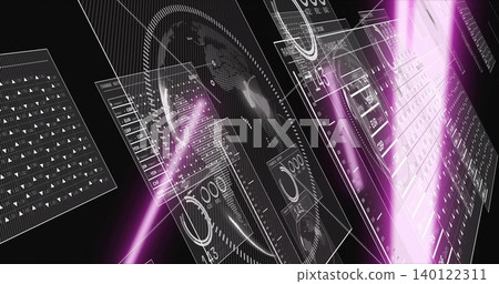 Floating translucent HUD panels showing circular gauges, pink beams, wireframe globe in dark space Floating translucent HUD panels showing circular gauges, pink beams, wireframe globe in dark space 140122311