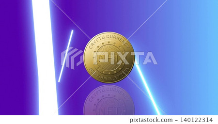 Floating gold NFT coin hovering above mirrored surface with vertical white beam and cyan streak Floating gold NFT coin hovering above mirrored surface with vertical white beam and cyan streak 140122314