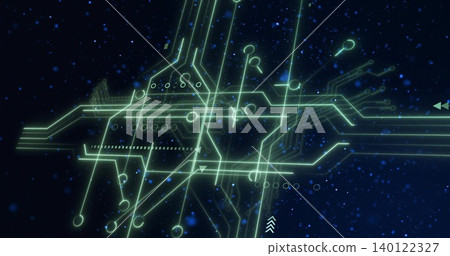 Glowing neon-green circuit occupying center of navy starfield, with traces, nodes, vias, blue bokeh Glowing neon-green circuit occupying center of navy starfield, with traces, nodes, vias, blue bokeh 140122327