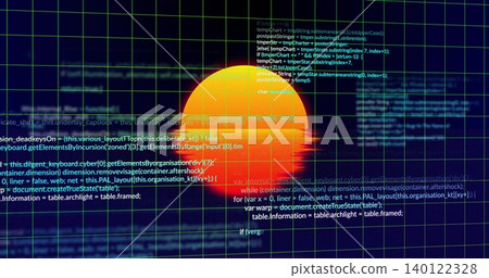Pulsing orange-red orb occupying center of virtual HUD, showing neon-green grid and code Pulsing orange-red orb occupying center of virtual HUD, showing neon-green grid and code 140122328