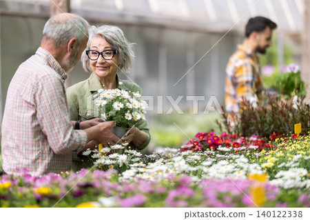 Elderly man and his wife choose daisies together at flower supermarket Elderly man and his wife choose daisies together at flower supermarket 140122338