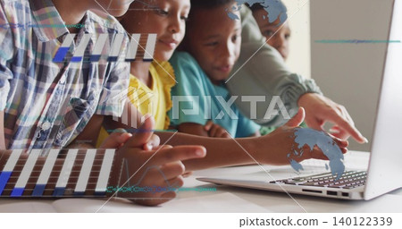 Leaning teacher in plaid guiding five kids at table, pointing at laptop trackpad, blue graphics Leaning teacher in plaid guiding five kids at table, pointing at laptop trackpad, blue graphics 140122339