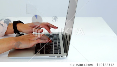 Typing female hands on silver laptop at white desk, wearing dotted shirt, smartwatch, data overlays Typing female hands on silver laptop at white desk, wearing dotted shirt, smartwatch, data overlays 140122342