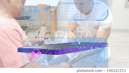 Fitting clinician in white placing sleeve on patient in pink shirt at rehab with prosthetic HUD Fitting clinician in white placing sleeve on patient in pink shirt at rehab with prosthetic HUD 140122351