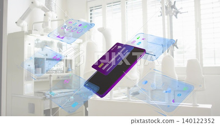 Floating smartphone-like device projecting purple-black UI in dental operatory over instrument tray 140122352