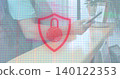 Typing man in white shirt working at home office desk by window, with red padlock overlay 140122353