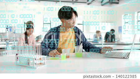 Mixing teen Asian student at school lab bench, with open laptop, goggles and binary overlay Mixing teen Asian student at school lab bench, with open laptop, goggles and binary overlay 140122385