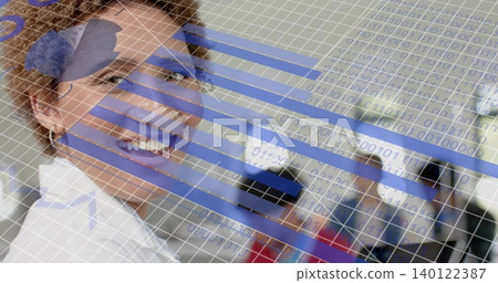 Smiling woman wearing white collar, hoop filling left office frame showing bits grid with blue bars Smiling woman wearing white collar, hoop filling left office frame showing bits grid with blue bars 140122387