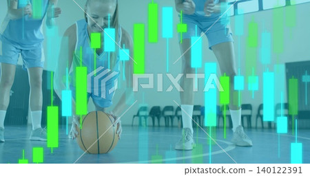 Crouching midadult player holding basketball on gym court, light blue jerseys, candlestick charts Crouching midadult player holding basketball on gym court, light blue jerseys, candlestick charts 140122391