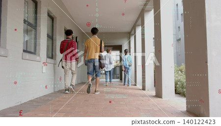 Walking group of students wearing jackets carrying backpacks, binder in school arcade, code overlay Walking group of students wearing jackets carrying backpacks, binder in school arcade, code overlay 140122423