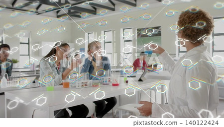 Showing instructor in lab holding vial and dish at right bench, wearing lab coat, copy space Showing instructor in lab holding vial and dish at right bench, wearing lab coat, copy space 140122424