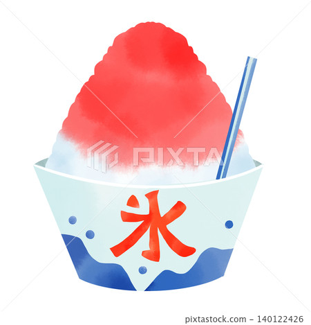 Watercolor-style illustration of strawberry syrup shaved ice - Cute hand-drawn Japanese sweets 140122426