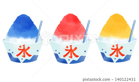 A cute hand-drawn watercolor-style illustration set of shaved ice (strawberry, lemon, blue Hawaii). 140122431