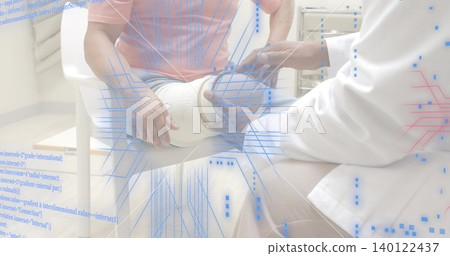 Examining doctor in white coat, adjusting patient wrapped leg in exam room, with digital overlay Examining doctor in white coat, adjusting patient wrapped leg in exam room, with digital overlay 140122437