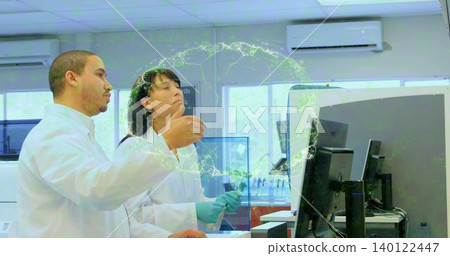 Using electronic pipette researchers in lab coats and gloves at lab bench, green AR molecule Using electronic pipette researchers in lab coats and gloves at lab bench, green AR molecule 140122447