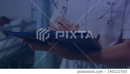 Writing nurse in white uniform holding blue clipboard and pen at ward bedside, with stethoscope Writing nurse in white uniform holding blue clipboard and pen at ward bedside, with stethoscope 140122503