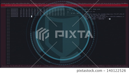 Displaying large stylized shield centered on dark security screen, with hex dump and Nmap output Displaying large stylized shield centered on dark security screen, with hex dump and Nmap output 140122526