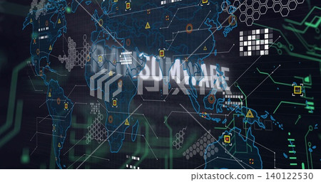 Projecting holographic world map on cyber dashboard, showing hex grid, green traces, yellow alerts Projecting holographic world map on cyber dashboard, showing hex grid, green traces, yellow alerts 140122530