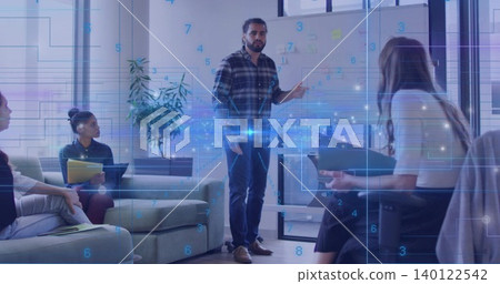 Gesturing presenter in plaid shirt and jeans pointing at whiteboard in lounge with digital overlay Gesturing presenter in plaid shirt and jeans pointing at whiteboard in lounge with digital overlay 140122542