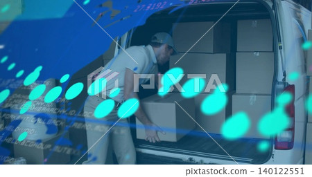 Loading man in light polo and cap holding box at rear white van, with digital overlay Loading man in light polo and cap holding box at rear white van, with digital overlay 140122551