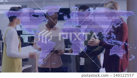 Talking team in office clothes gesturing at silver laptop in open office with purple map overlay Talking team in office clothes gesturing at silver laptop in open office with purple map overlay 140122557