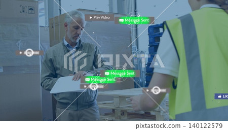 Checking manager holding clipboard in warehouse, jacketed, near pallets and hi-vis worker with UI Checking manager holding clipboard in warehouse, jacketed, near pallets and hi-vis worker with UI 140122579