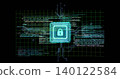Glowing neon cyan padlock icon hovering within chip frames at virtual console, with grid traces 140122584