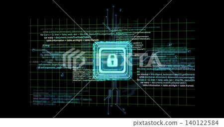 Glowing neon cyan padlock icon hovering within chip frames at virtual console, with grid traces Glowing neon cyan padlock icon hovering within chip frames at virtual console, with grid traces 140122584