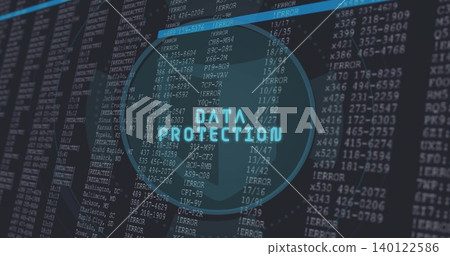 Showing shield saying DATA PROTECTION on monitor showing code logs, ERRORs, cyan bar, rings Showing shield saying DATA PROTECTION on monitor showing code logs, ERRORs, cyan bar, rings 140122586