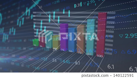 Displaying colorful 3D bars showing 100-mark on chart with grid and number labels, blue line trend Displaying colorful 3D bars showing 100-mark on chart with grid and number labels, blue line trend 140122591